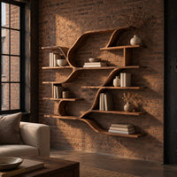 Wall shelf unit with layered plank shelves joined by flowing wave shaped ribbons in an industrial loft living room with exposed brick