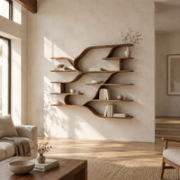 Wall shelf unit with layered plank shelves joined by flowing wave shaped ribbons in a bright open plan living room
