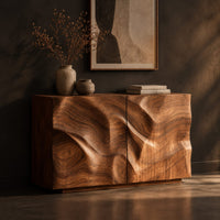 Console table cabinet with two doors carved in flowing wood grain relief, three-quarter view showing the grain