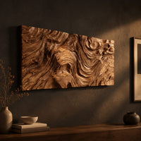 Wide wall art panel with deep carved wood grain ripples and a central whorl on a dark charcoal plaster wall