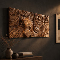 Wide wall art panel with deep carved wood grain ripples and a central whorl, three-quarter view showing the carved depth