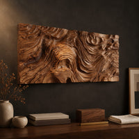 Detail of wide wall art panel with deep carved wood grain ripples and a central whorl beside wood, brass and linen samples