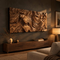 Wide wall art panel with deep carved wood grain ripples and a central whorl above a low console in an evening living room