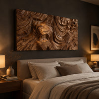 Wide wall art panel with deep carved wood grain ripples and a central whorl above a bed in a dusk lit bedroom