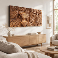 Wide wall art panel with deep carved wood grain ripples and a central whorl above a light oak sideboard in daylight