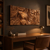 Wide wall art panel with deep carved wood grain ripples and a central whorl above a desk in a dark study corner