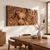 Wide wall art panel with deep carved wood grain ripples and a central whorl beside a dining table in natural light