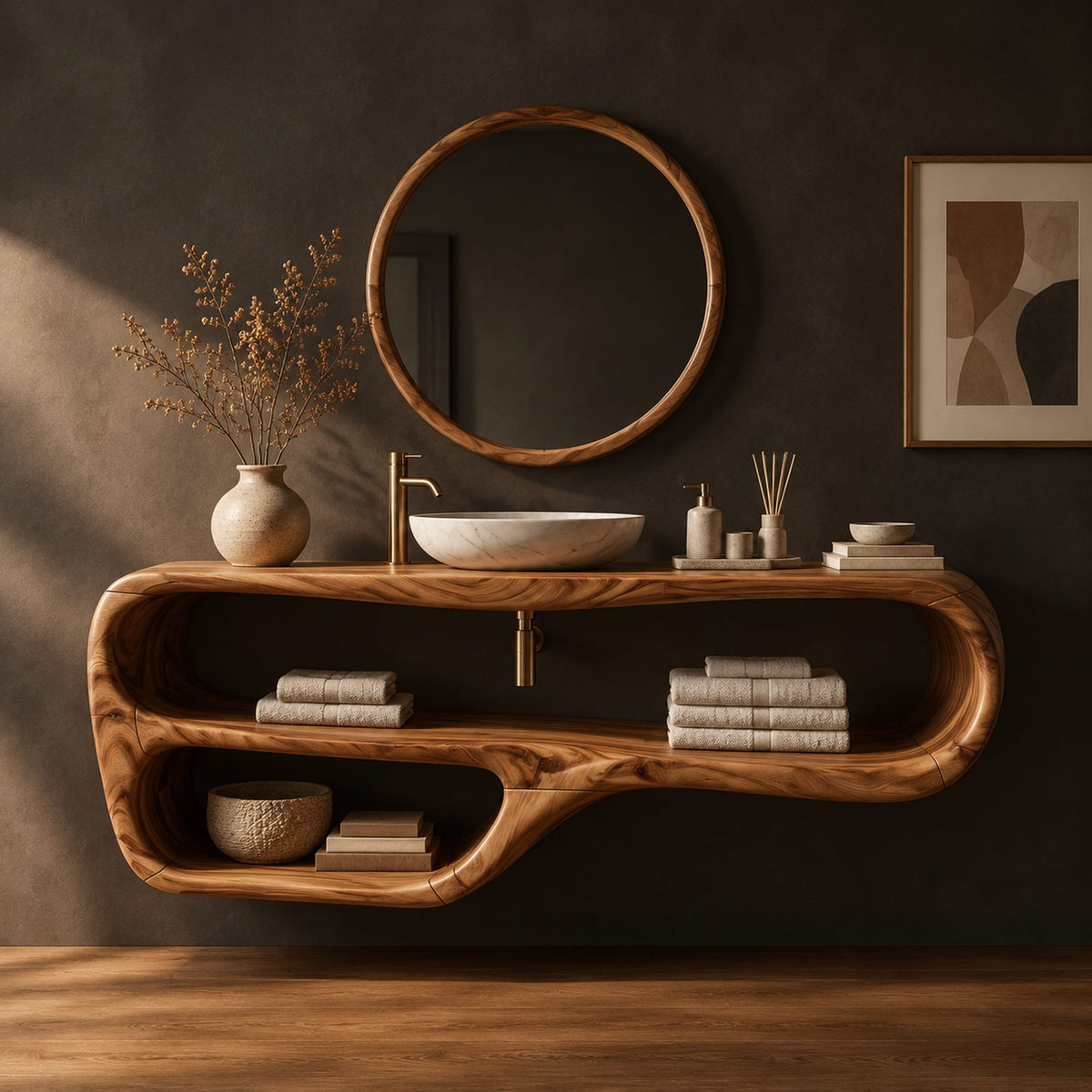 Flowing looped bathroom vanity cabinet with two open shelf bays in a dark studio against a charcoal plaster wall
