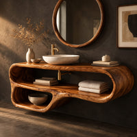 Corner detail of flowing looped bathroom vanity cabinet with two open shelf bays beside wood, brass and linen samples