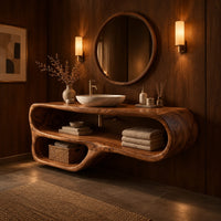 Flowing looped bathroom vanity cabinet with two open shelf bays in an evening bathroom with walnut wall paneling