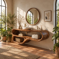 Flowing looped bathroom vanity cabinet with two open shelf bays in a bright bathroom with arched windows and plants