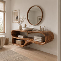 Flowing looped bathroom vanity cabinet with two open shelf bays in a Scandinavian bathroom with white walls