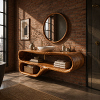 Flowing looped bathroom vanity cabinet with two open shelf bays in an industrial loft bathroom with exposed brick
