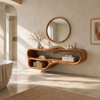 Flowing looped bathroom vanity cabinet with two open shelf bays in a bright open plan bathroom