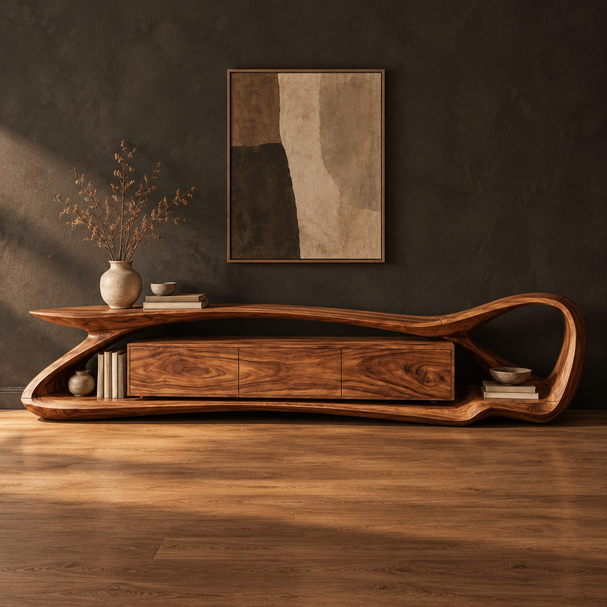 Tv stand with a flowing loop frame wrapping a wood grain center cabinet in a dark studio against a charcoal plaster wall