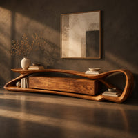 Corner detail of tv stand with a flowing loop frame wrapping a wood grain center cabinet beside wood, brass and linen samples