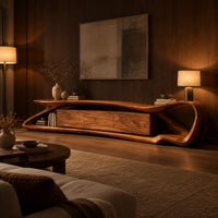 Tv stand with a flowing loop frame wrapping a wood grain center cabinet in an evening living room with walnut wall paneling