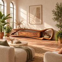 Tv stand with a flowing loop frame wrapping a wood grain center cabinet in a bright living room with arched windows and plants