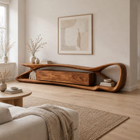 Tv stand with a flowing loop frame wrapping a wood grain center cabinet in a Scandinavian living room with white walls