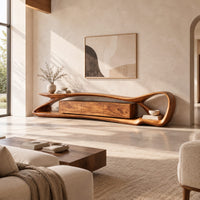 Tv stand with a flowing loop frame wrapping a wood grain center cabinet in a bright open plan living room