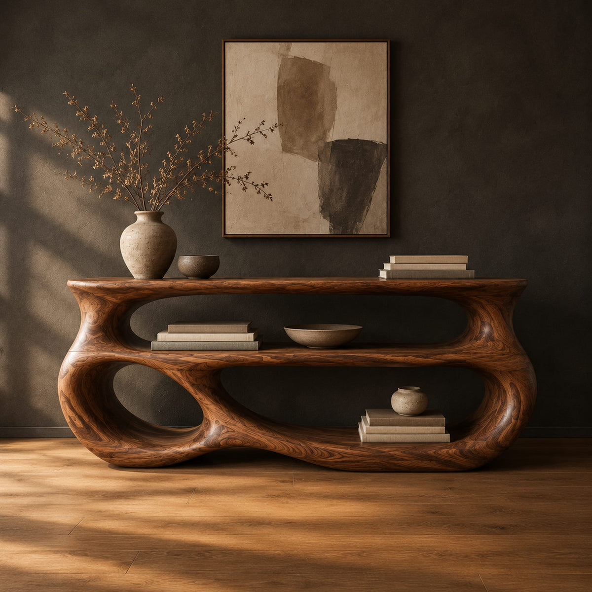 Console table with a sculpted open loop body and stacked oval shelves in a dark studio against a charcoal plaster wall