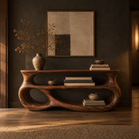 Console table with a sculpted open loop body and stacked oval shelves in a dark entryway at golden hour