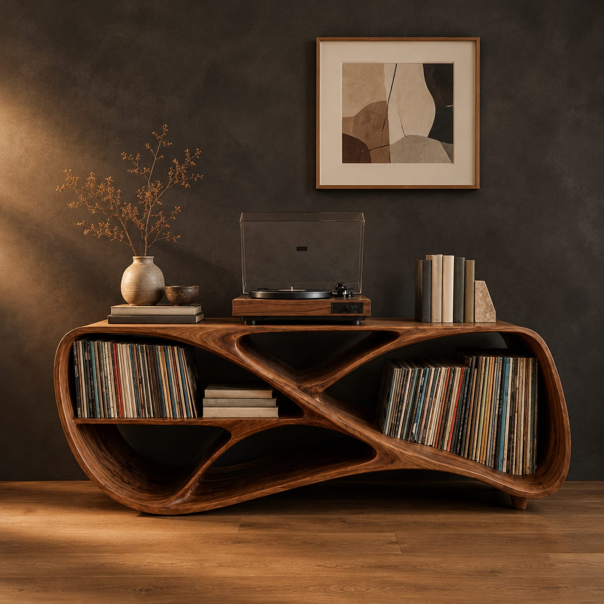 Low freeform console with a crossed ribbon frame and open bays at both ends in a dark studio against a charcoal plaster wall