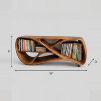 Flowing Record Console With Crossed Ribbon Frame And Open Bays dimension diagram with width, height and depth