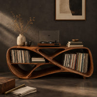 Corner detail of low freeform console with a crossed ribbon frame and open bays at both ends beside wood, brass and linen samples