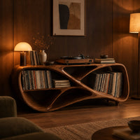 Low freeform console with a crossed ribbon frame and open bays at both ends in an evening living room with walnut wall paneling