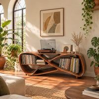 Low freeform console with a crossed ribbon frame and open bays at both ends in a bright living room with arched windows and plants