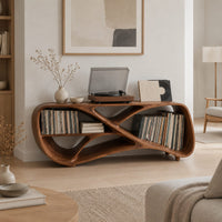 Low freeform console with a crossed ribbon frame and open bays at both ends in a Scandinavian living room with white walls