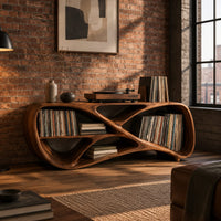 Low freeform console with a crossed ribbon frame and open bays at both ends in an industrial loft living room with exposed brick