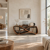 Low freeform console with a crossed ribbon frame and open bays at both ends in a bright open plan living room