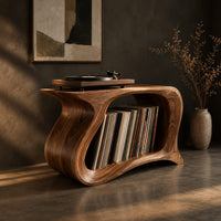 Record player stand with a flowing wave shaped body and one wide open bay, three-quarter view showing the grain