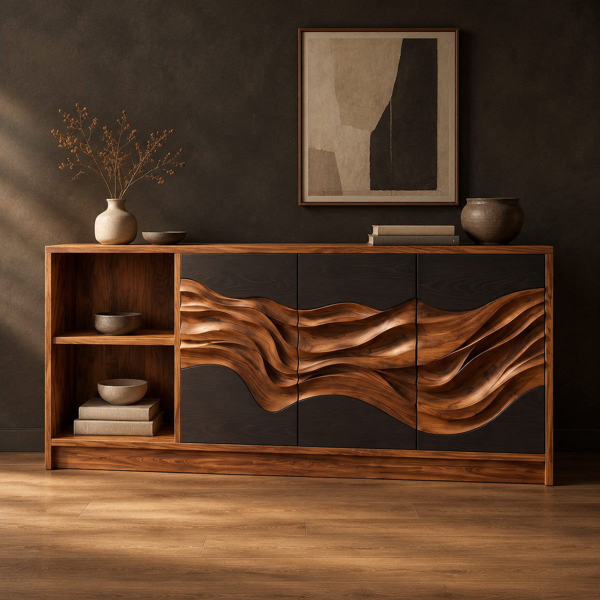 Wood sideboard with charcoal panels, a flowing carved band and an open shelf bay in a dark studio against a charcoal plaster wall