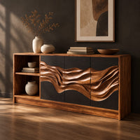 Wood sideboard with charcoal panels, a flowing carved band and an open shelf bay, three-quarter view showing the grain