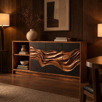Wood sideboard with charcoal panels, a flowing carved band and an open shelf bay in an evening dining room with walnut wall paneling