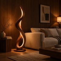 Slim floor lamp shaped as one flowing ribbon with an open loop in an evening living room with walnut wall paneling