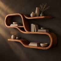 Ribbon shaped shelf unit with looping tiers and open bays, three-quarter view showing the grain