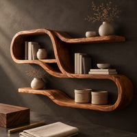 Corner detail of ribbon shaped shelf unit with looping tiers and open bays beside wood, brass and linen samples