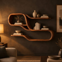 Ribbon shaped shelf unit with looping tiers and open bays in a dark living room at golden hour