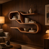 Ribbon shaped shelf unit with looping tiers and open bays in an evening living room with walnut wall paneling