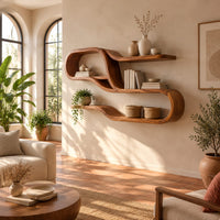 Ribbon shaped shelf unit with looping tiers and open bays in a bright living room with arched windows and plants