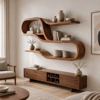 Ribbon shaped shelf unit with looping tiers and open bays in a Scandinavian living room with white walls