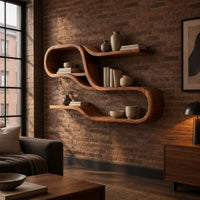 Ribbon shaped shelf unit with looping tiers and open bays in an industrial loft living room with exposed brick