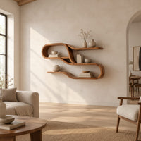 Ribbon shaped shelf unit with looping tiers and open bays in a bright open plan living room