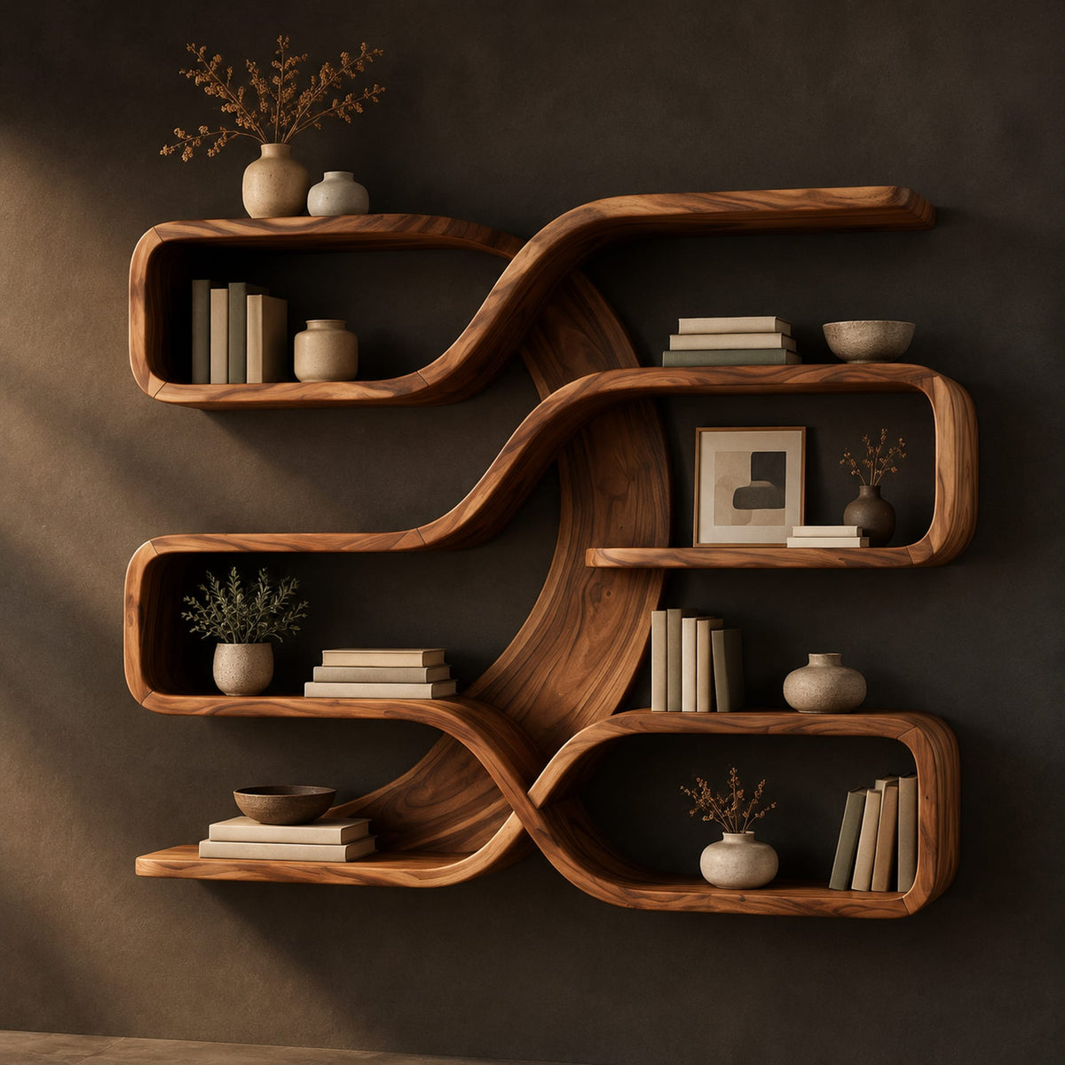Looping ribbon wall shelves with open compartments on several levels in a dark studio against a charcoal plaster wall