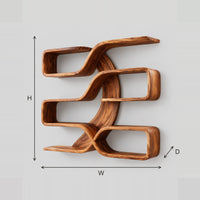 Flowing Ribbon Wall Shelves With Looping Open Compartments dimension diagram with width, height and depth