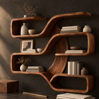 Corner detail of looping ribbon wall shelves with open compartments on several levels beside wood, brass and linen samples